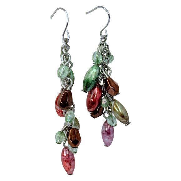 Multi-Colored Art Glass Beaded Cluster Dangle Earrings 2" Silver Tone Boho - Picture 2 of 9